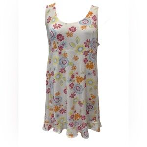 Fresh Produce Rainbow Blooms Floral on White Sleeveless Casual Dress. Large
